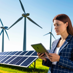 **

A determined Sustainability Consultant standing confidently amidst wind turbines and solar panels, reviewing data on a tablet. She's wearing a professional yet eco-conscious outfit. The scene depicts a bright, hopeful future powered by renewable energy. Emphasis on analytical skills and environmental stewardship.

**