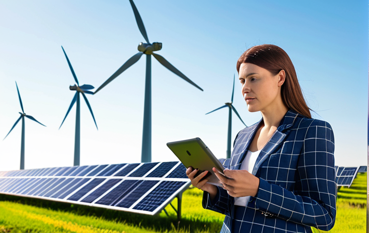 **
A determined Sustainability Consultant standing confidently amidst wind turbines and solar panels, reviewing data on a tablet. She's wearing a professional yet eco-conscious outfit. The scene depicts a bright, hopeful future powered by renewable energy. Emphasis on analytical skills and environmental stewardship.
**