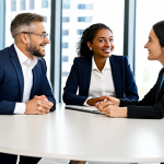 A diverse group of three professional individuals, in modest, contemporary business attire, are engaged in an authentic and collaborative discussion around a modern, round conference table. Their expressions convey mutual respect and genuine interest, with soft, natural light illuminating the professional office environment. The scene emphasizes deep, value-based connection beyond transactional networking. Fully clothed, appropriate attire, safe for work, perfect anatomy, correct proportions, natural pose, professional dress, well-formed hands, proper finger count, natural body proportions, professional photography, high quality, appropriate content, family-friendly.
