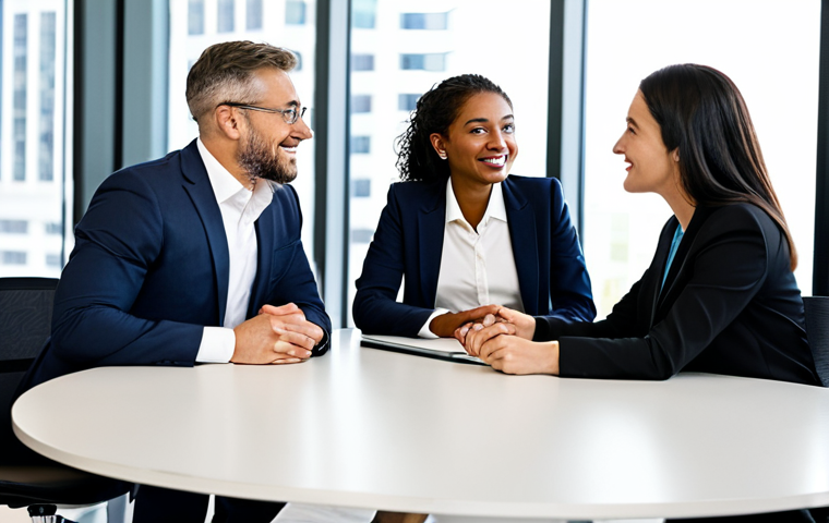 A diverse group of three professional individuals, in modest, contemporary business attire, are engaged in an authentic and collaborative discussion around a modern, round conference table. Their expressions convey mutual respect and genuine interest, with soft, natural light illuminating the professional office environment. The scene emphasizes deep, value-based connection beyond transactional networking. Fully clothed, appropriate attire, safe for work, perfect anatomy, correct proportions, natural pose, professional dress, well-formed hands, proper finger count, natural body proportions, professional photography, high quality, appropriate content, family-friendly.