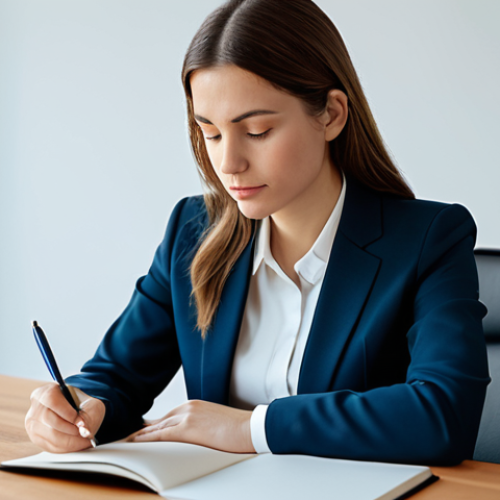 A professional woman in a modest business suit, sitting calmly at a sleek wooden desk, softly holding a pen and looking thoughtfully at an open journal. The setting is a serene, well-lit modern home office with a blurred background, suggesting deep contemplation and focus. The atmosphere is quiet and reflective. fully clothed, appropriate attire, safe for work, perfect anatomy, natural proportions, well-formed hands, proper finger count, natural body proportions, professional, high quality.