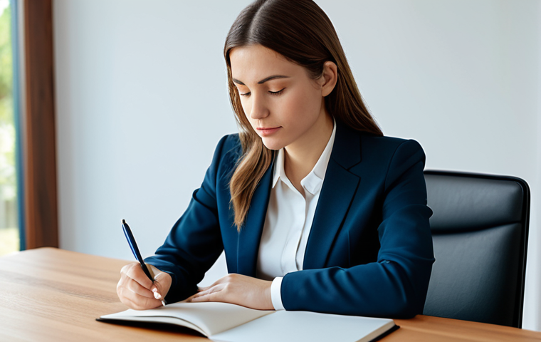A professional woman in a modest business suit, sitting calmly at a sleek wooden desk, softly holding a pen and looking thoughtfully at an open journal. The setting is a serene, well-lit modern home office with a blurred background, suggesting deep contemplation and focus. The atmosphere is quiet and reflective. fully clothed, appropriate attire, safe for work, perfect anatomy, natural proportions, well-formed hands, proper finger count, natural body proportions, professional, high quality.