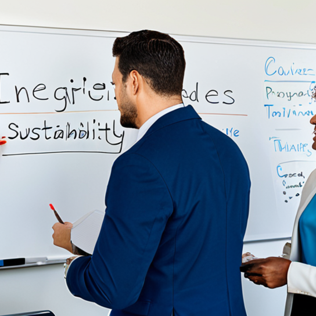 Identifying Core Values**
A diverse group of professionals brainstorming in a brightly lit, modern office space. Some are writing on a whiteboard covered with words like "Integrity," "Innovation," "Teamwork," "Sustainability." The atmosphere is collaborative and positive. Everyone is fully clothed in appropriate business attire. Safe for work, professional, perfect anatomy, correct proportions, natural pose, well-formed hands, proper finger count.
**