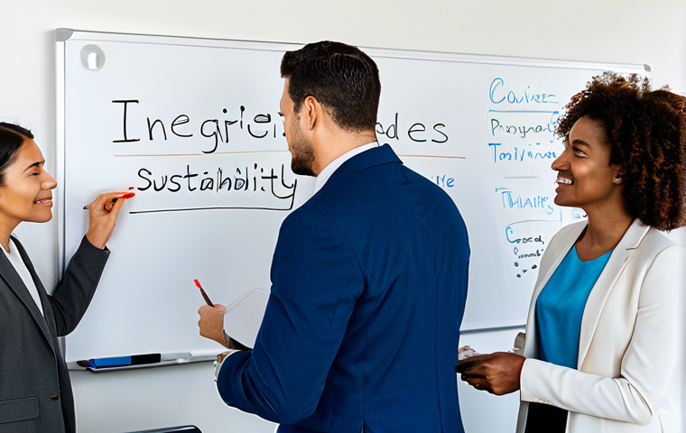 Identifying Core Values**
A diverse group of professionals brainstorming in a brightly lit, modern office space. Some are writing on a whiteboard covered with words like "Integrity," "Innovation," "Teamwork," "Sustainability." The atmosphere is collaborative and positive. Everyone is fully clothed in appropriate business attire. Safe for work, professional, perfect anatomy, correct proportions, natural pose, well-formed hands, proper finger count.
**