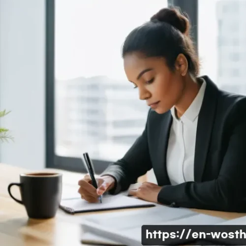 Home 29 가치 기반 경력과 성장을 위한 비전 수립 - A professional woman sitting at a modern desk in a bright, airy office, deeply focused on writing in...