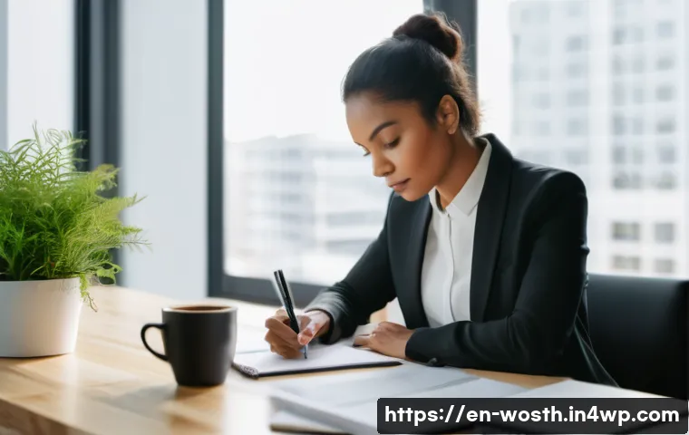 가치 기반 경력과 성장을 위한 비전 수립 - A professional woman sitting at a modern desk in a bright, airy office, deeply focused on writing in...
