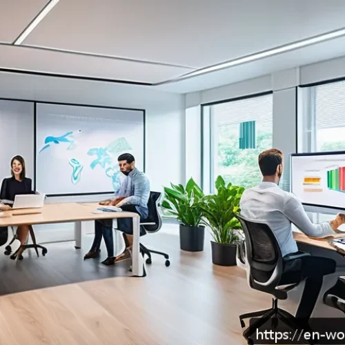 Home 28 가치 기반 경력에서의 연구와 개발 - A futuristic office environment showcasing a diverse team of professionals collaborating on cutting-...