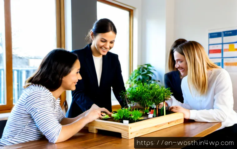 가치 기반 경력과 기업의 사회적 가치 - Photorealistic modern community-focused workplace, diverse professionals of different ages collabora...